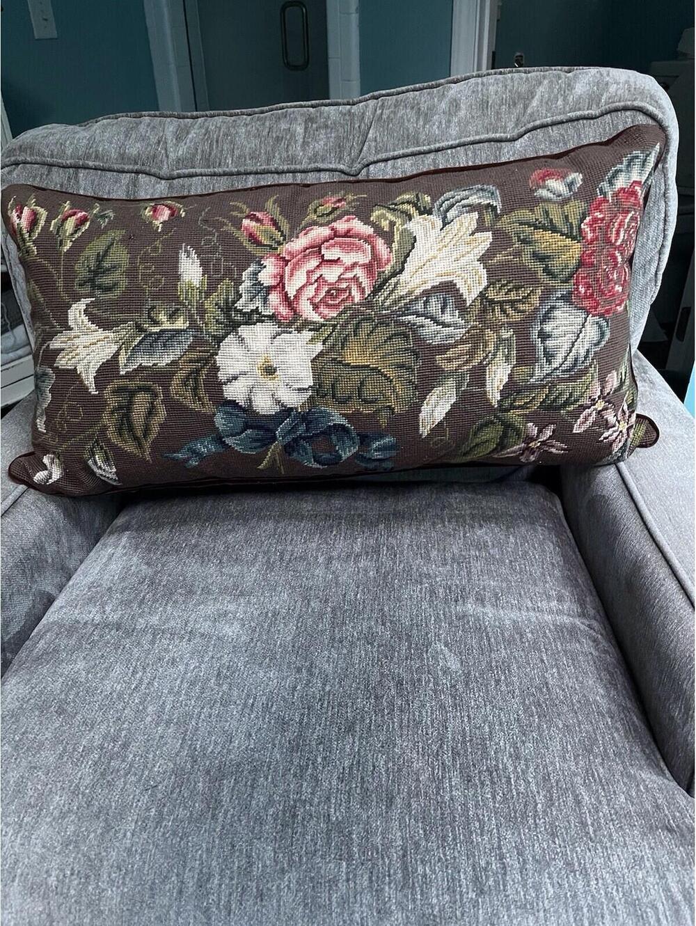 Large Needlepoint Beautiful Roses And Lilys Feather Filled Pillow Country French